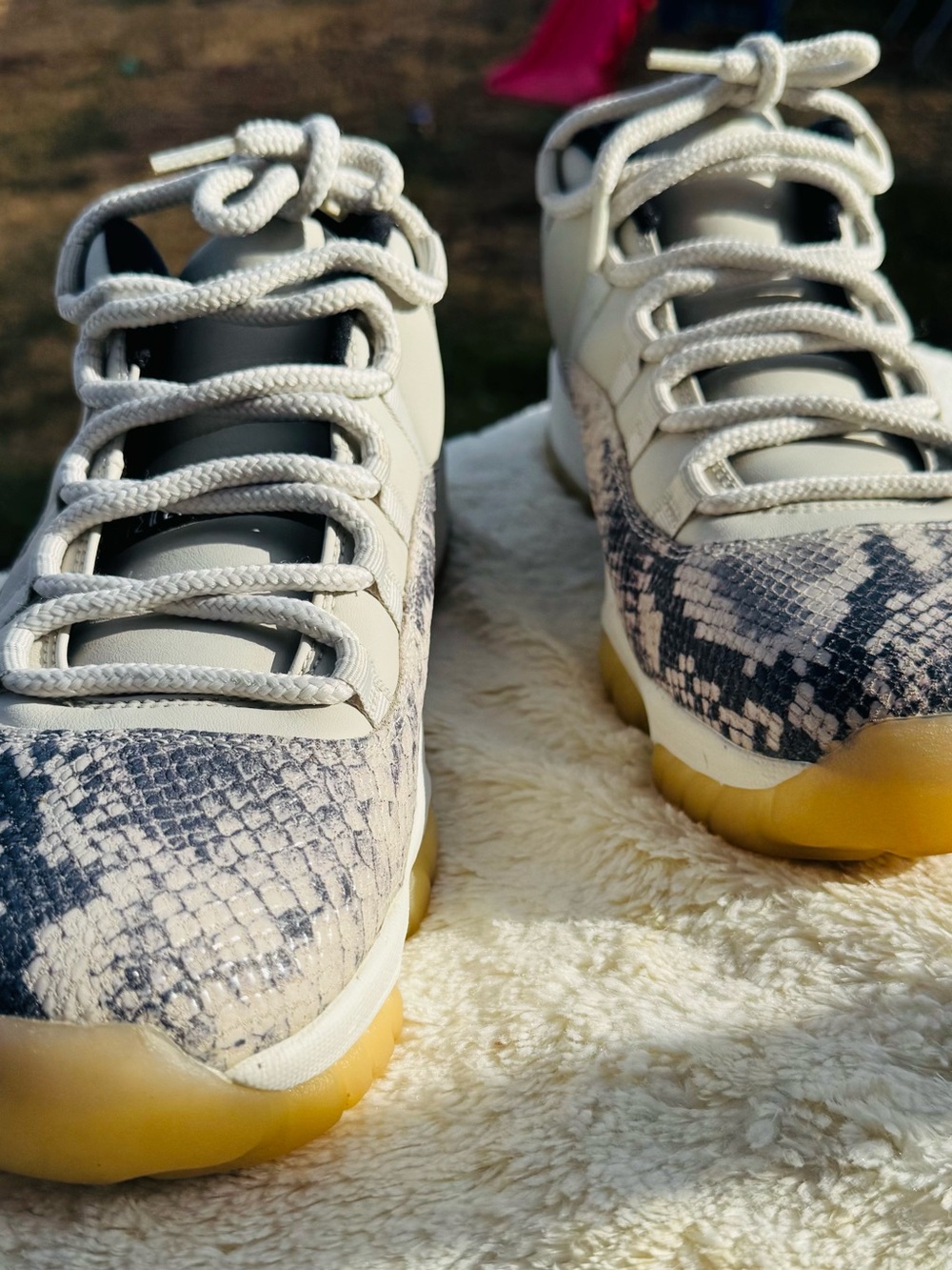 Jordan Women’s Cream and Black Snake-Print Low Top Sneakers with Gum Outsole